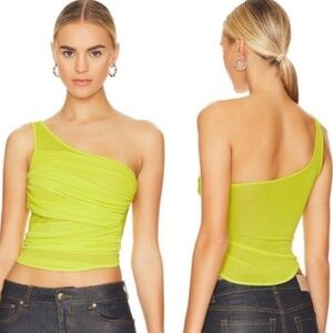 GAUGE81 one shoulder semi sheer draped neon yellow green mesh top XS